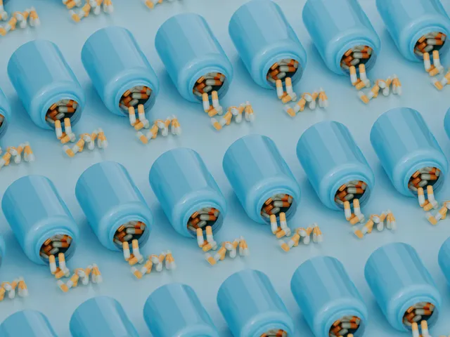 Rows of identical generic bottles with capsules spilling out across a surface