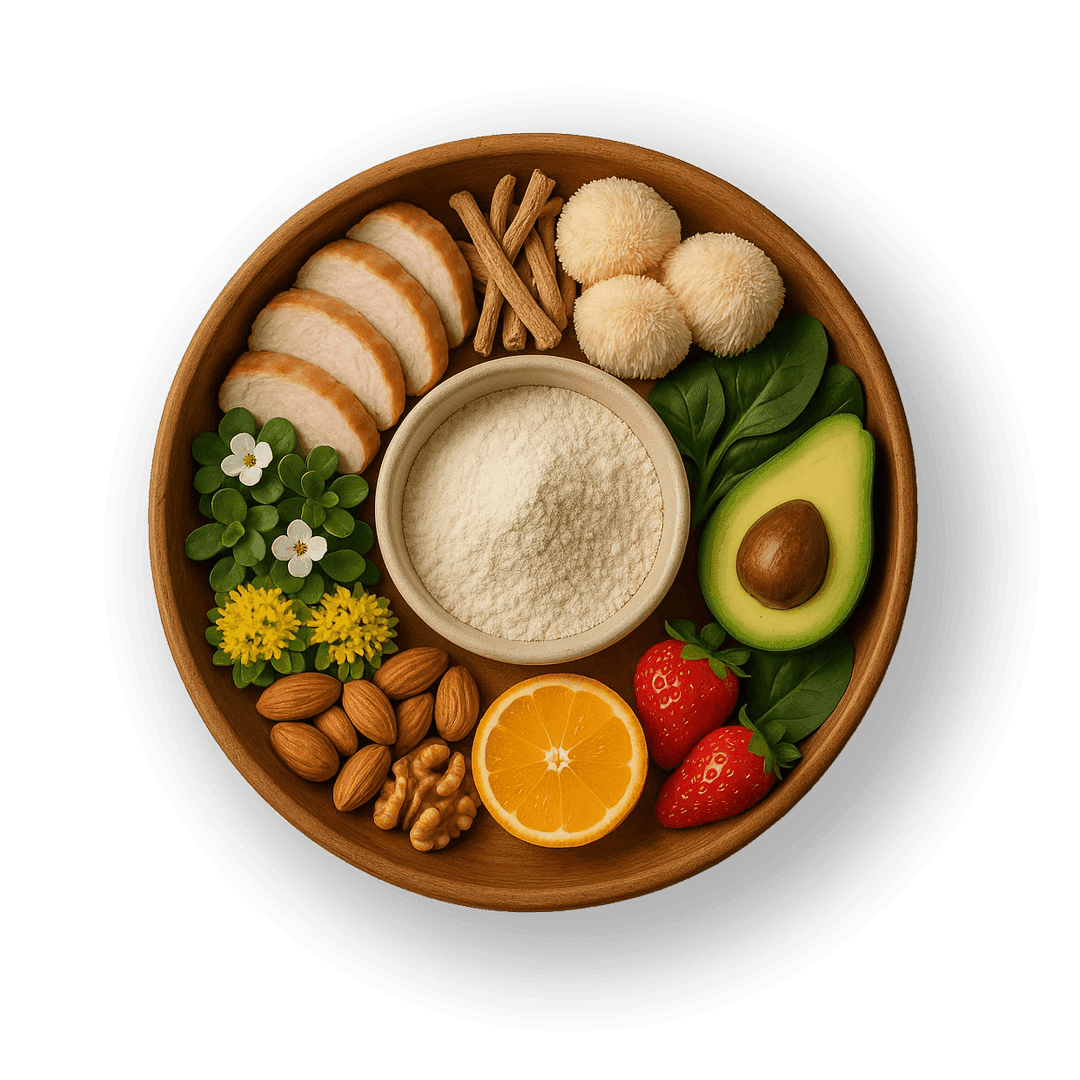 FlowVeda® capsules in a bowl with whole-herb ingredients.