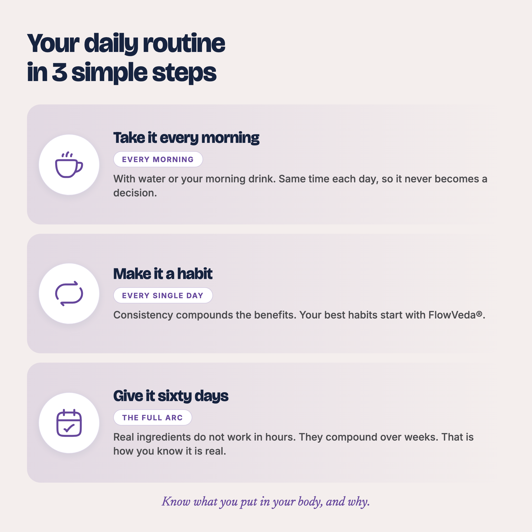 Your FlowVeda® daily routine in 3 simple steps