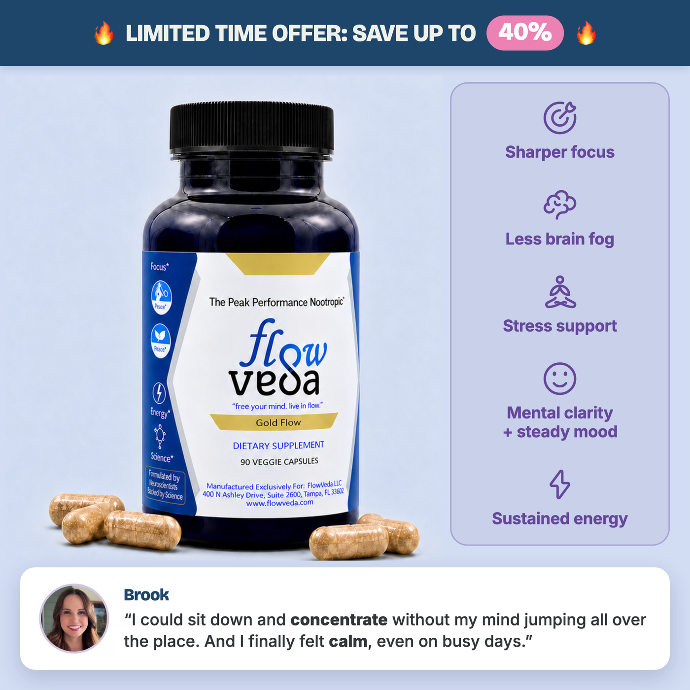 FlowVeda® Gold Flow, 90 veggie capsules, with key benefits