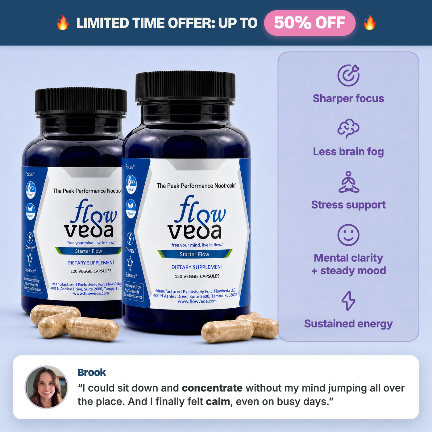 FlowVeda® Daily Mental Edge Starter Kit: two bottles, five key benefits, and a customer testimonial