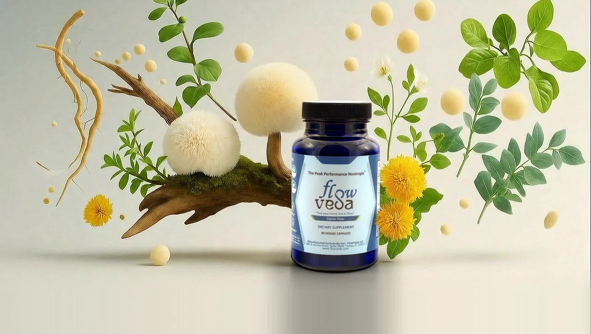 FlowVeda bottle with botanical ingredients and natural textures.